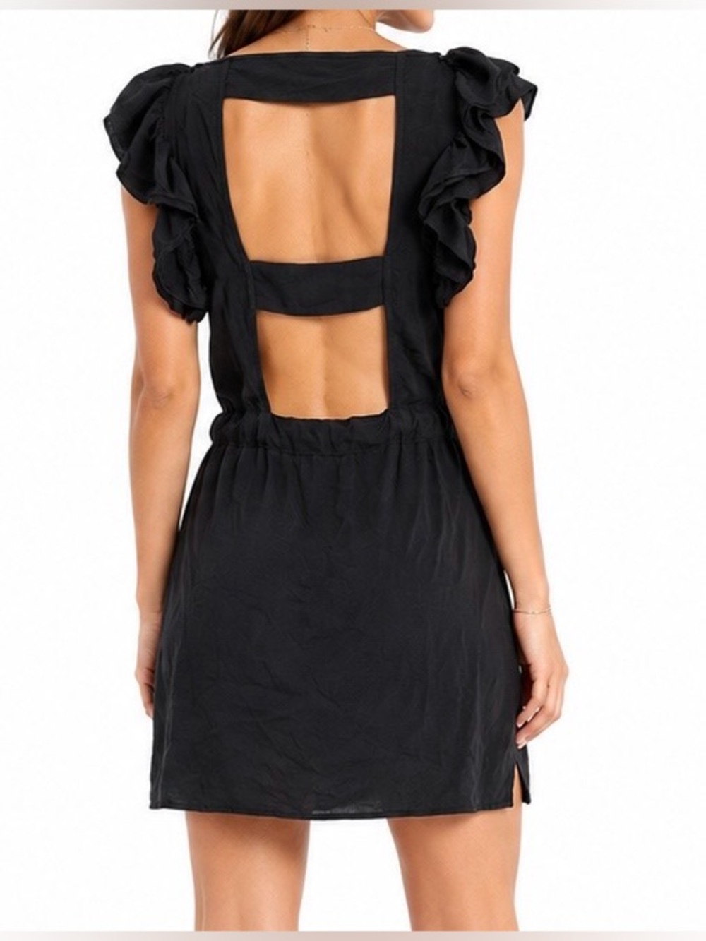 Postella Black 100% Silk Ruffle Open Back Mini Dress Size Small